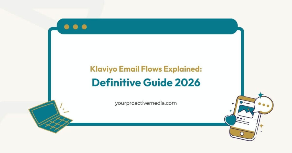 A blog banner graphic titled "Klaviyo Email Flows Explained: Definitive Guide 2026" featuring a minimalist web browser and smartphone layout.