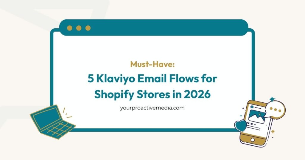 5 Klaviyo Email Flows for Shopify Stores in 2026 – yourproactivemedia.com blog cover graphic with laptop and smartphone icons
