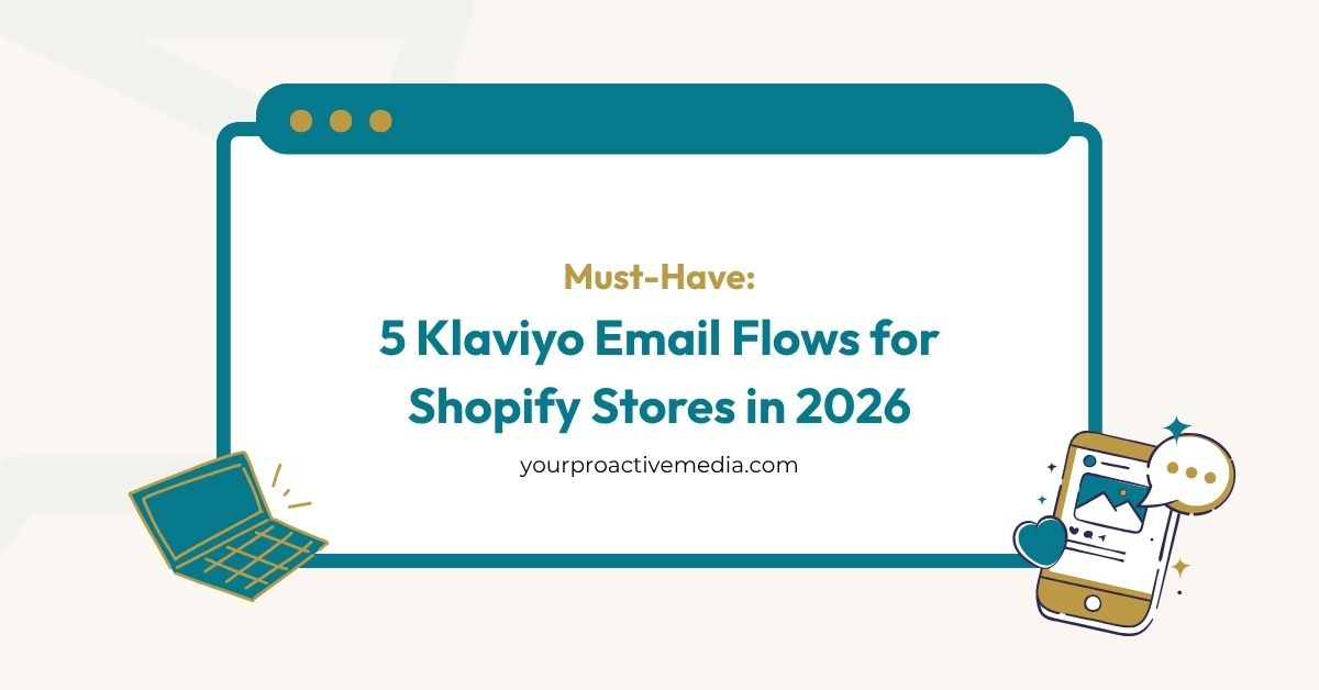 5 Klaviyo Email Flows for Shopify Stores in 2026 – yourproactivemedia.com blog cover graphic with laptop and smartphone icons