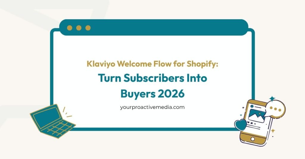 Klaviyo welcome flow for Shopify guide cover — Turn Subscribers Into Buyers 2026 by yourproactivemedia.com