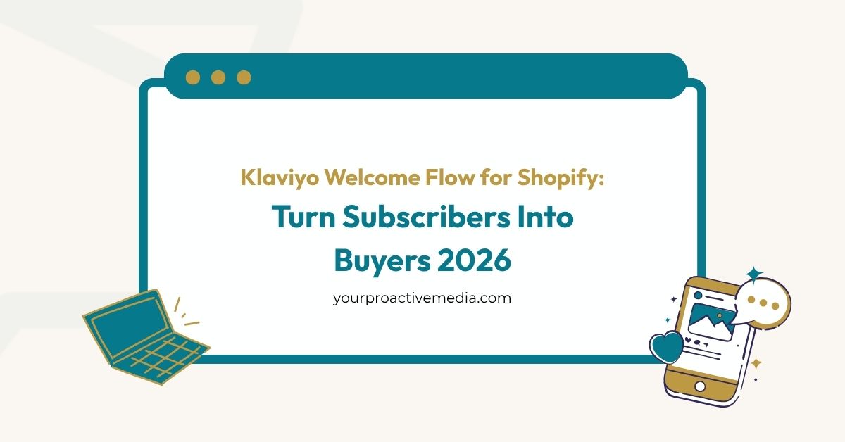 Klaviyo welcome flow for Shopify guide cover — Turn Subscribers Into Buyers 2026 by yourproactivemedia.com