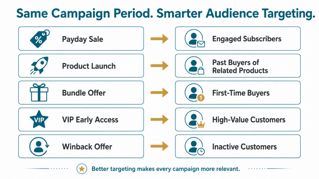 Diagram showing how to match smarter audience targeting segments with Klaviyo Email Marketing campaigns.