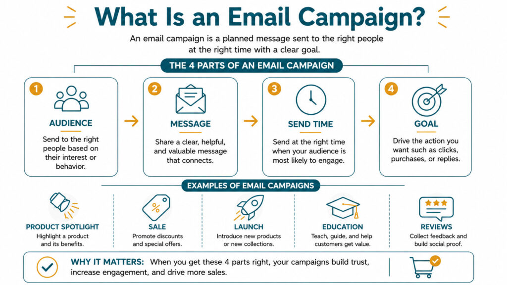 Infographic showing the four parts of an email campaign framework — audience, message, send time, and goal — for Shopify stores
